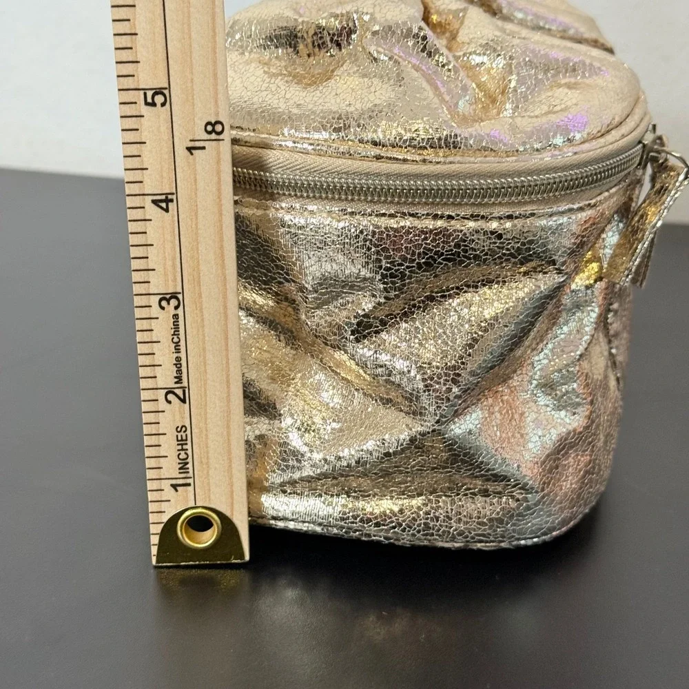 Victoria's Secret Cosmetic Bag Gold Metallic Crackle Bow Vanity Case Makeup Bag